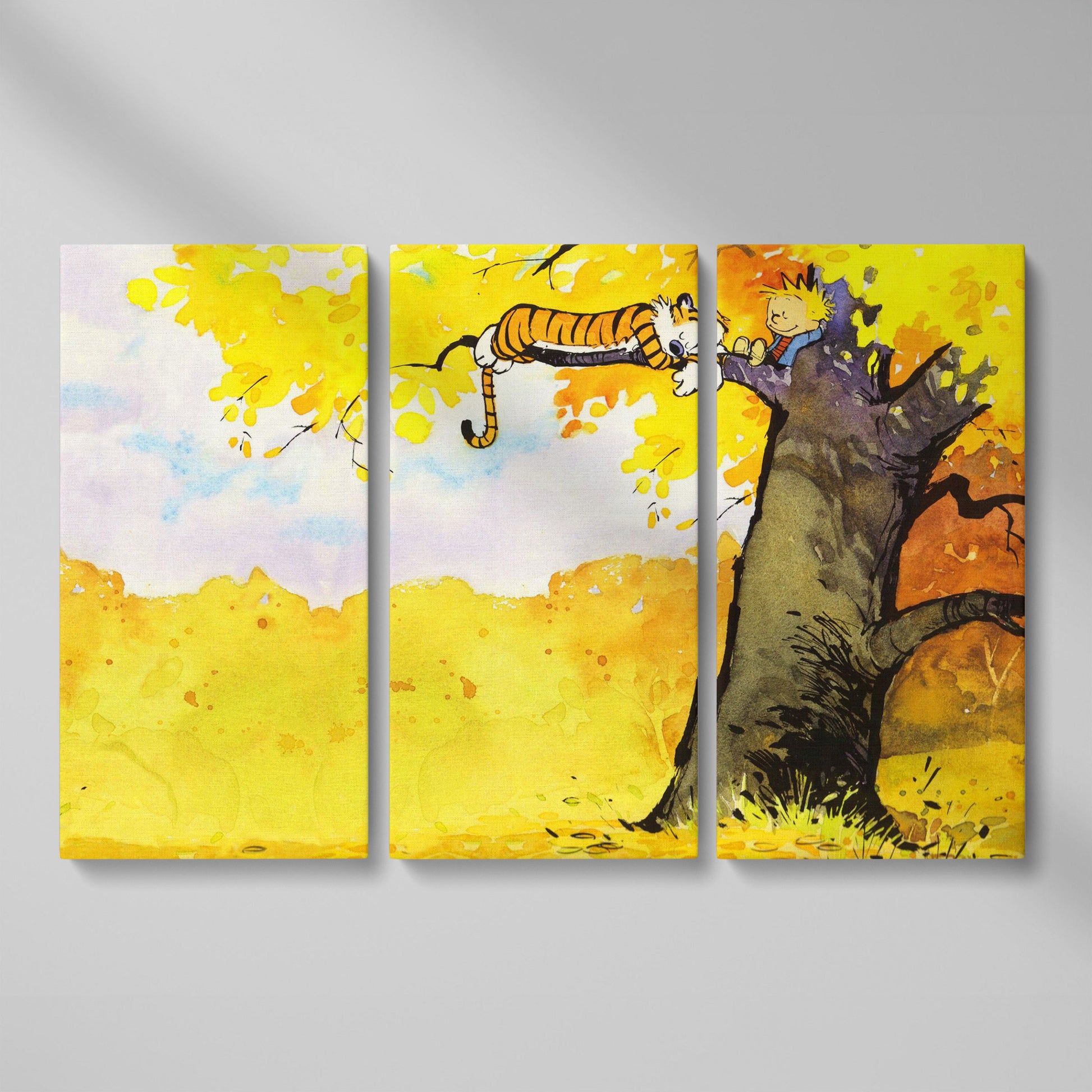 Calvin and Hobbes Autumn Tree Canvas Wall Art as 3-panel split version