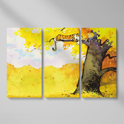 Calvin and Hobbes Autumn Tree Canvas Wall Art as 3-panel split version