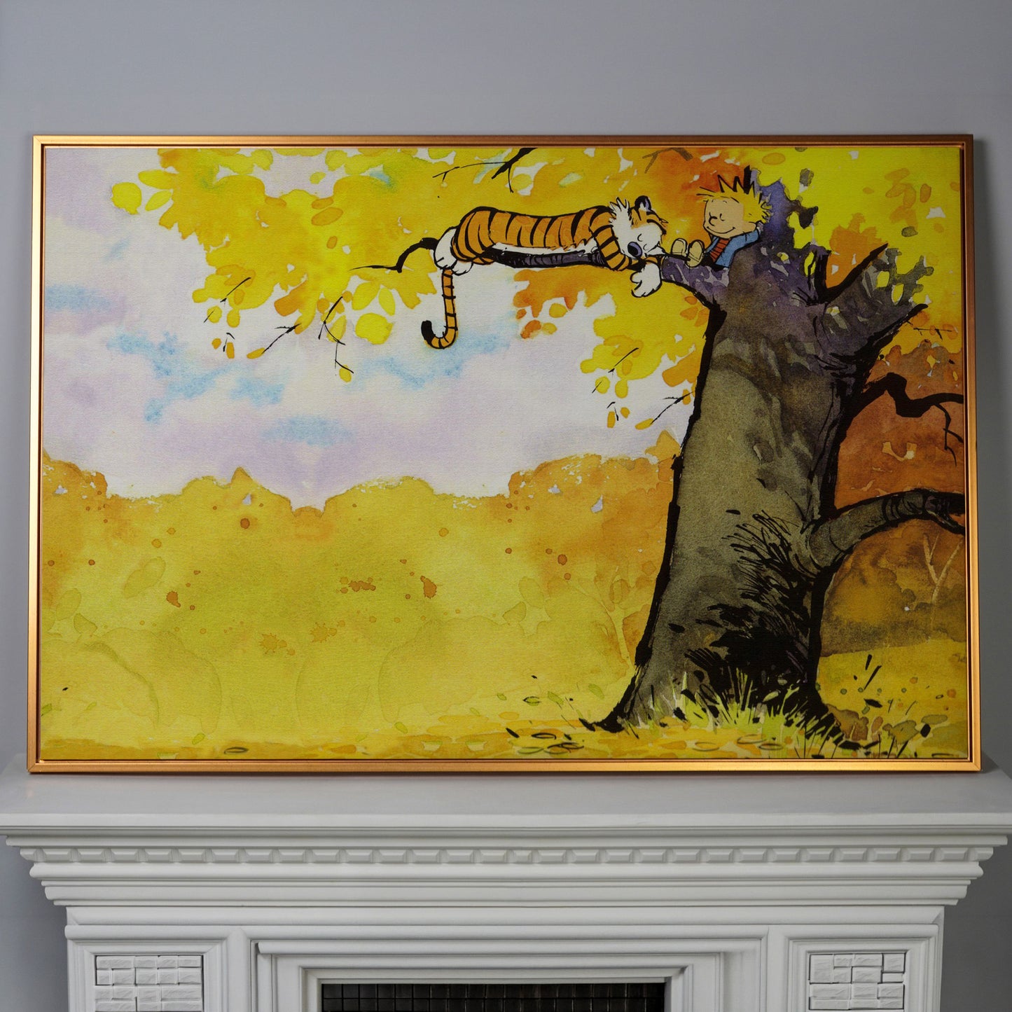 Calvin and Hobbes Autumn Tree Canvas Wall Art in antique gold floating frame