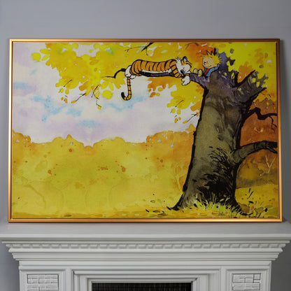 Calvin and Hobbes Autumn Tree Canvas Wall Art in antique gold floating frame