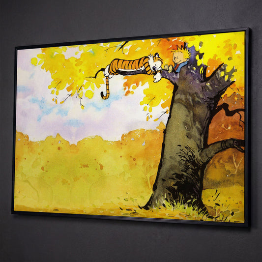 Calvin and Hobbes Autumn Tree Canvas Wall Art shown in black floating frame