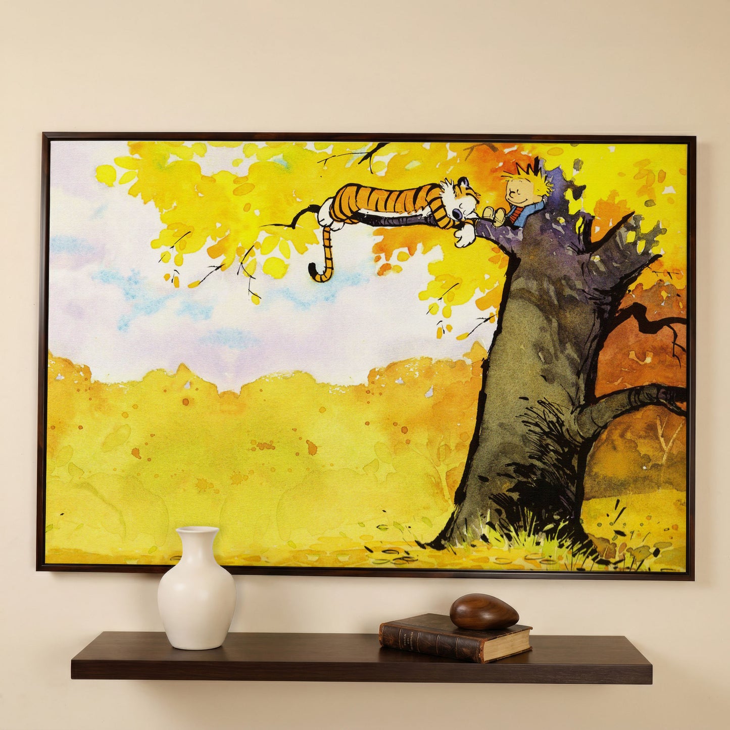 Calvin and Hobbes Autumn Tree Canvas Wall Art in dark walnut floating frame