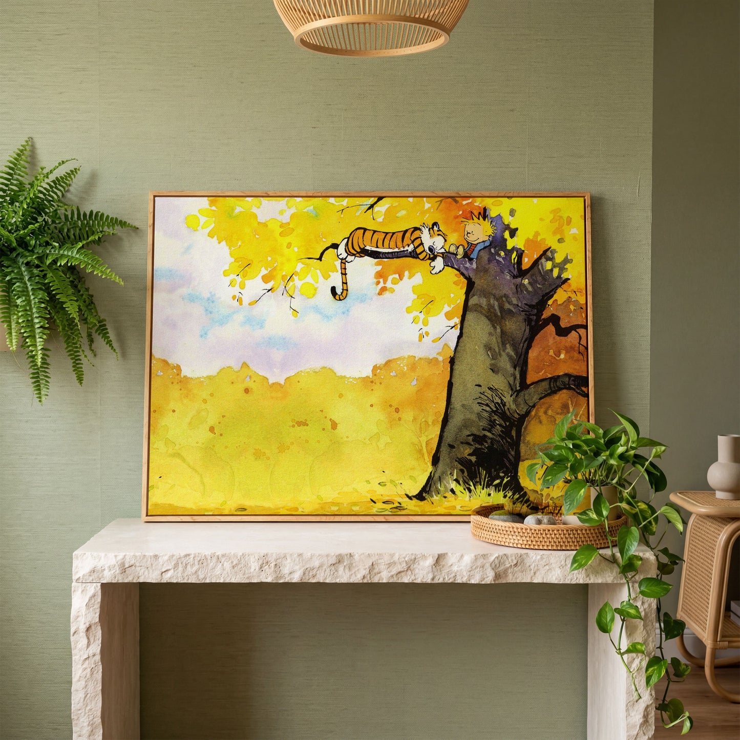 Calvin and Hobbes Autumn Tree Canvas Wall Art in white oak floating frame