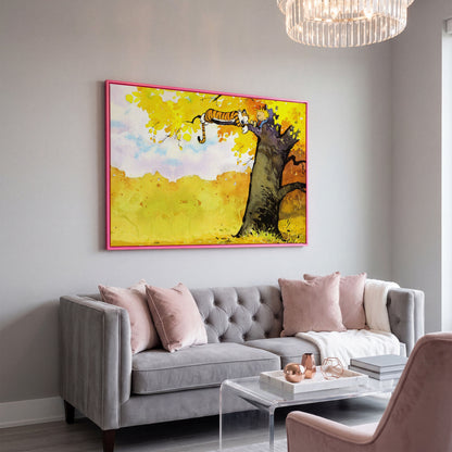 Calvin and Hobbes Autumn Tree Canvas Wall Art in pink floating frame