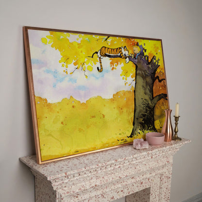 Calvin and Hobbes Autumn Tree Canvas Wall Art in rose gold floating frame