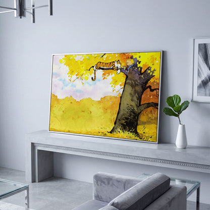Calvin and Hobbes Autumn Tree Canvas Wall Art in silver floating frame