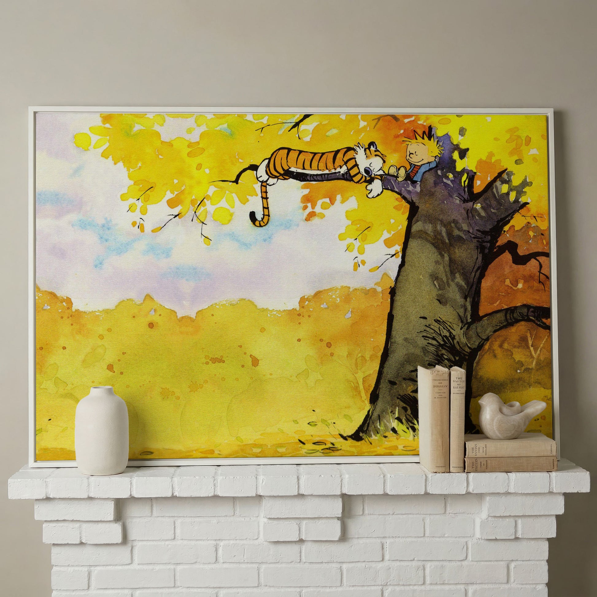 Calvin and Hobbes Autumn Tree Canvas Wall Art in white floating frame