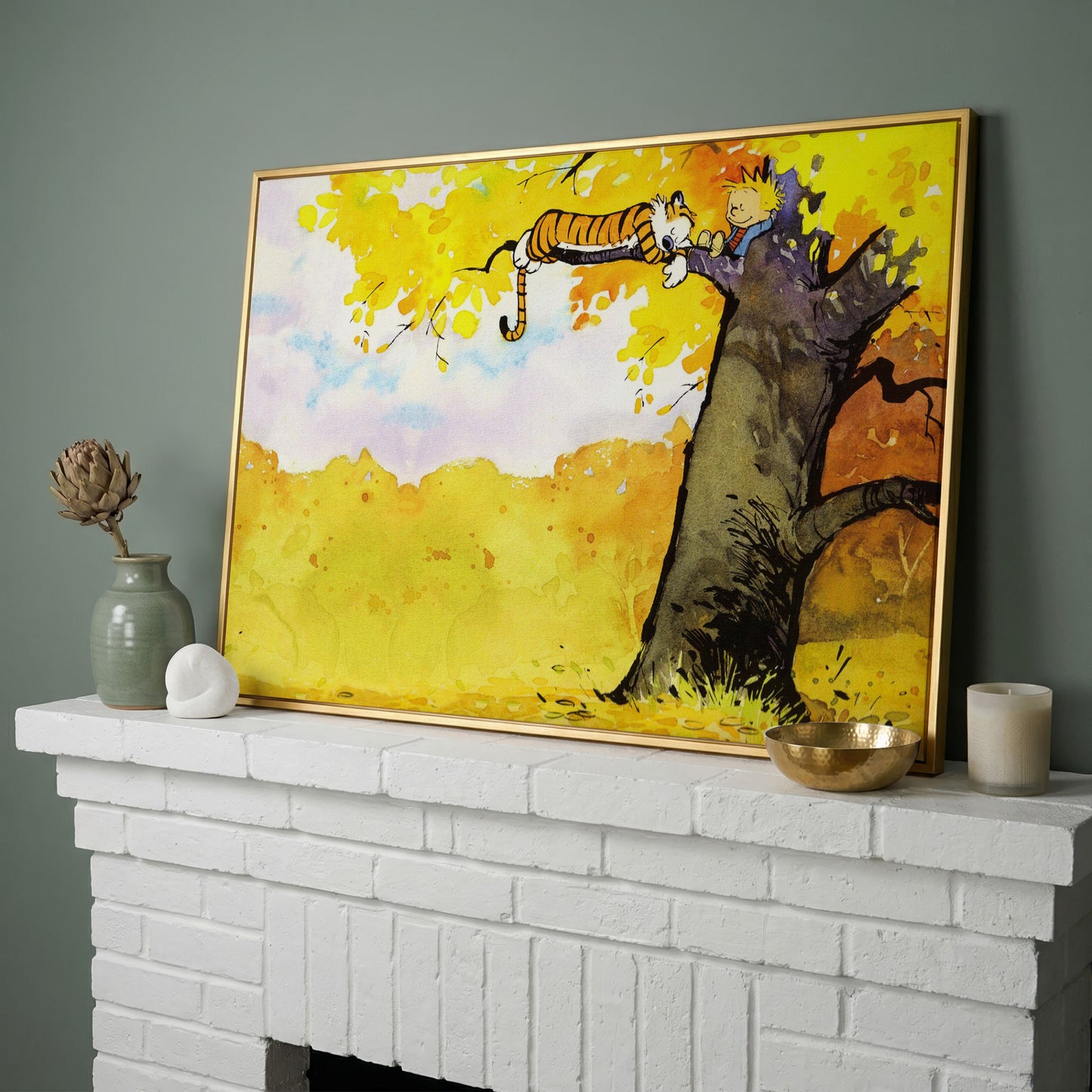 Calvin and Hobbes Autumn Tree Canvas Wall Art in yellow gold floating frame