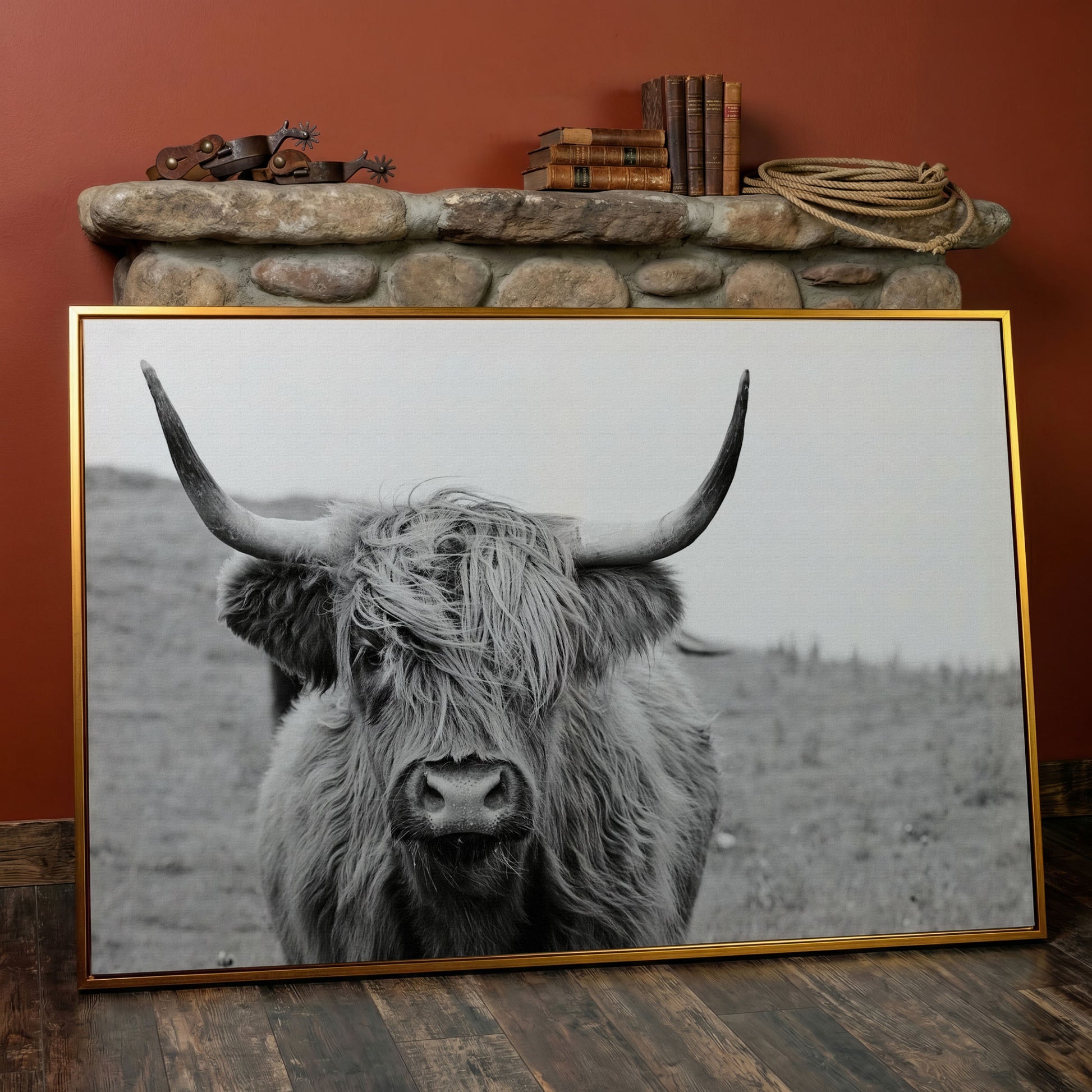 Highland Cow Canvas Wall Art, Shaggy Hairy Coo Close-Up Portrait in antique gold floating frame
