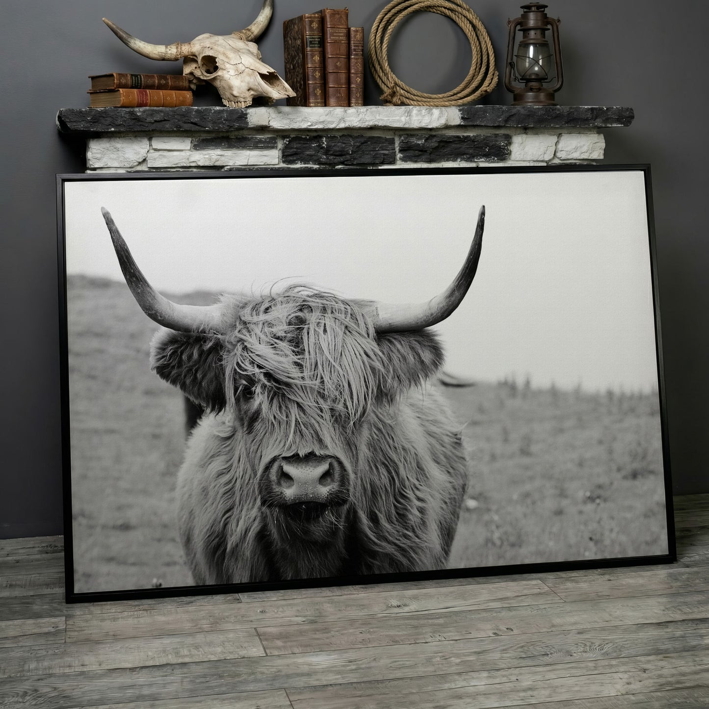 Highland Cow Canvas Wall Art, Shaggy Hairy Coo Close-Up Portrait in black floating frame