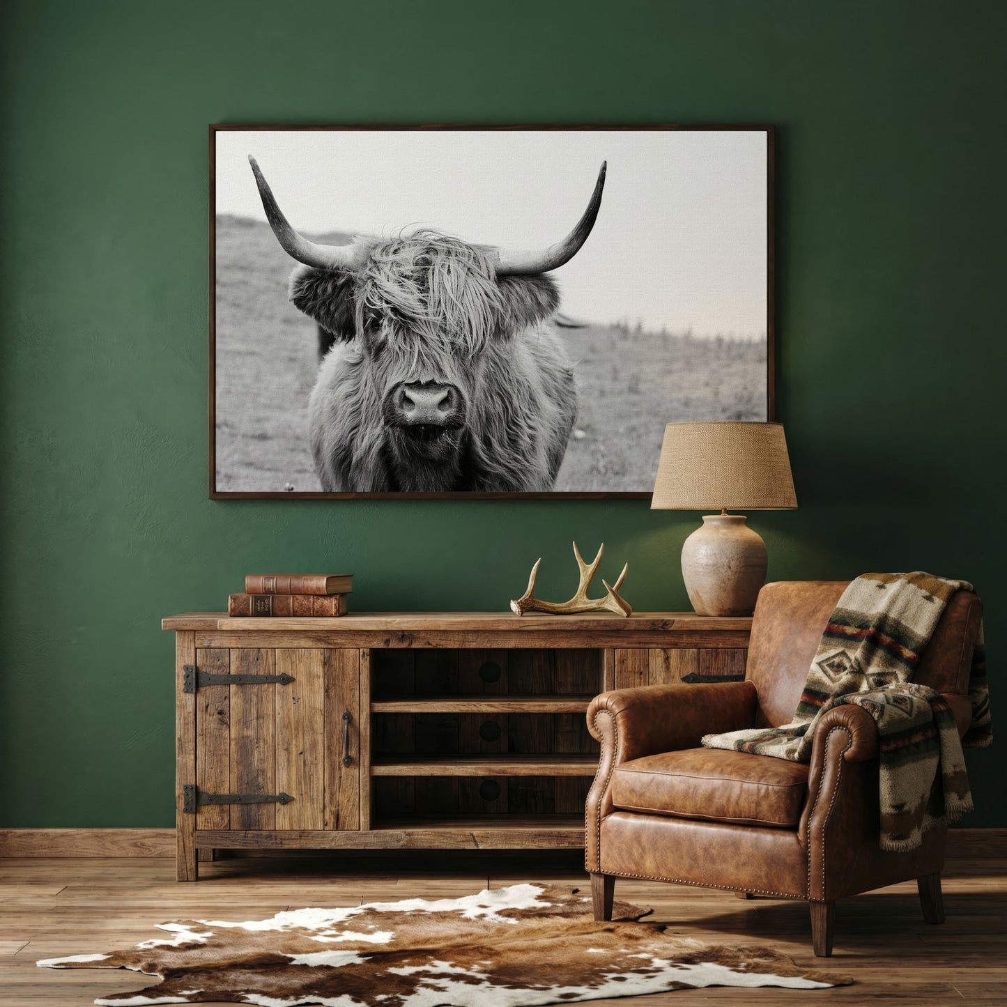 Highland Cow Canvas Wall Art, Shaggy Hairy Coo Close-Up Portrait in dark walnut floating frame