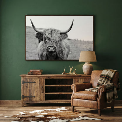Highland Cow Canvas Wall Art, Shaggy Hairy Coo Close-Up Portrait in dark walnut floating frame