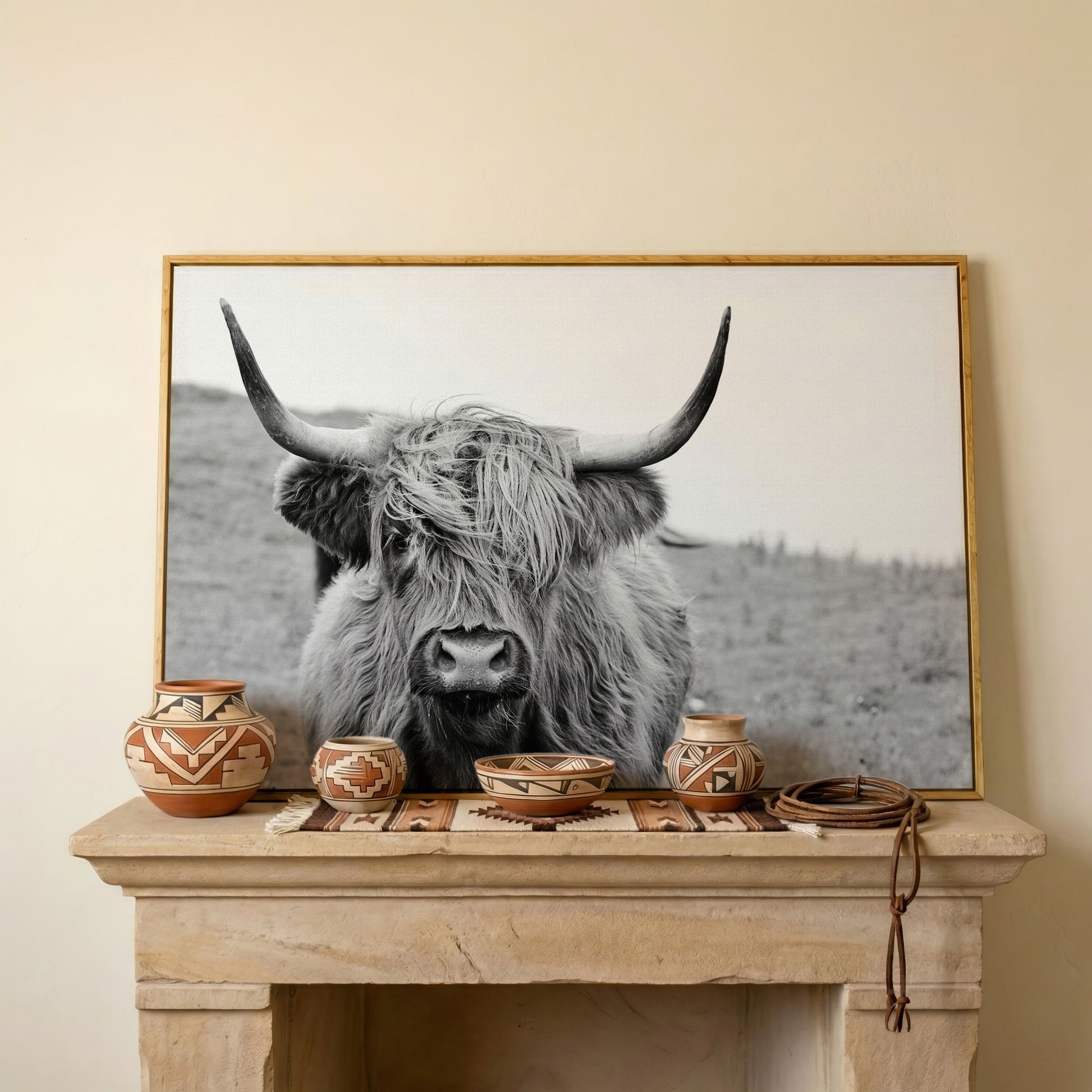 Highland Cow Canvas Wall Art, Shaggy Hairy Coo Close-Up Portrait in white oak floating frame