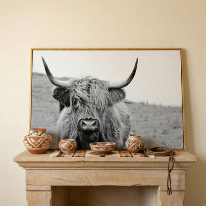 Highland Cow Canvas Wall Art, Shaggy Hairy Coo Close-Up Portrait in white oak floating frame