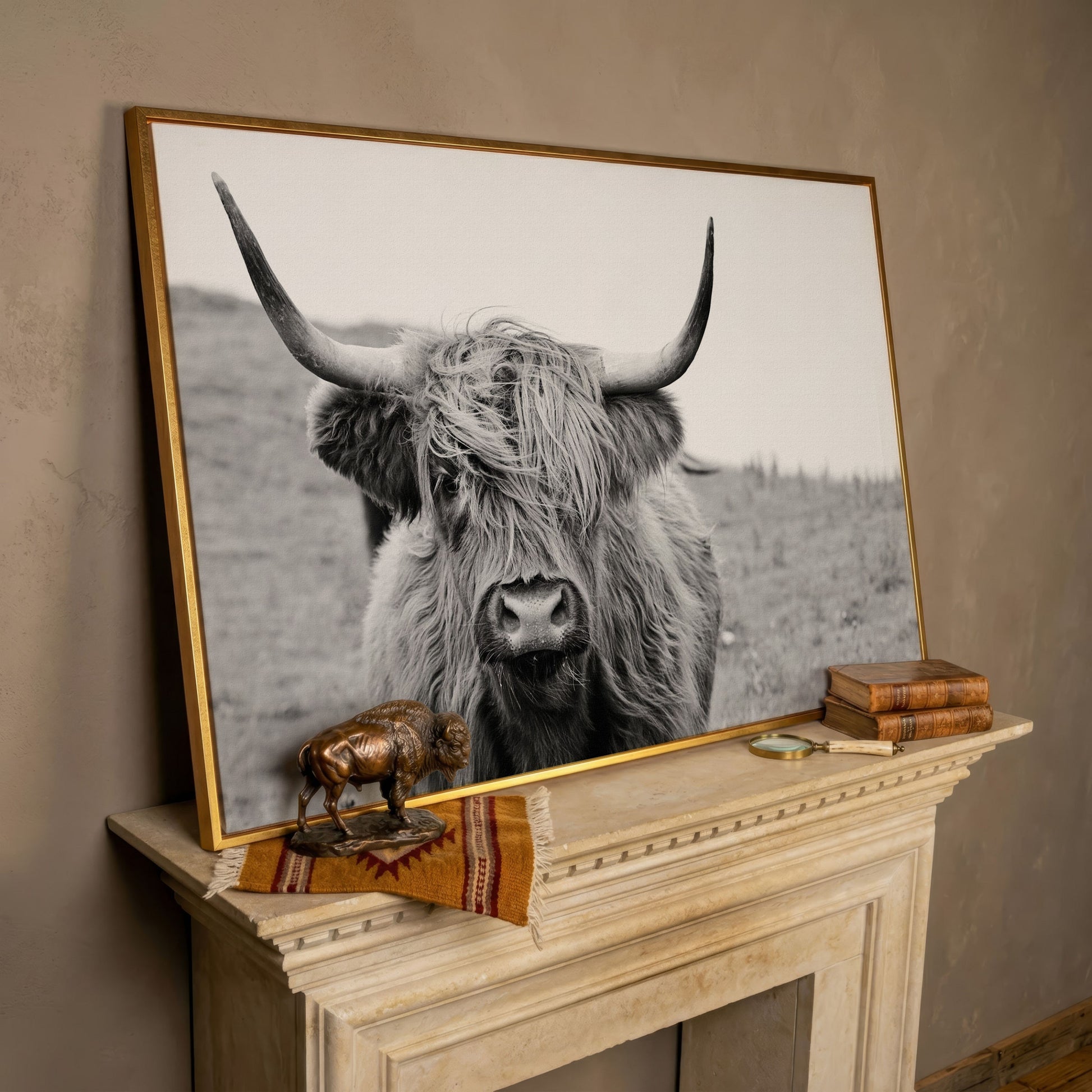 Highland Cow Canvas Wall Art, Shaggy Hairy Coo Close-Up Portrait in rose gold floating frame