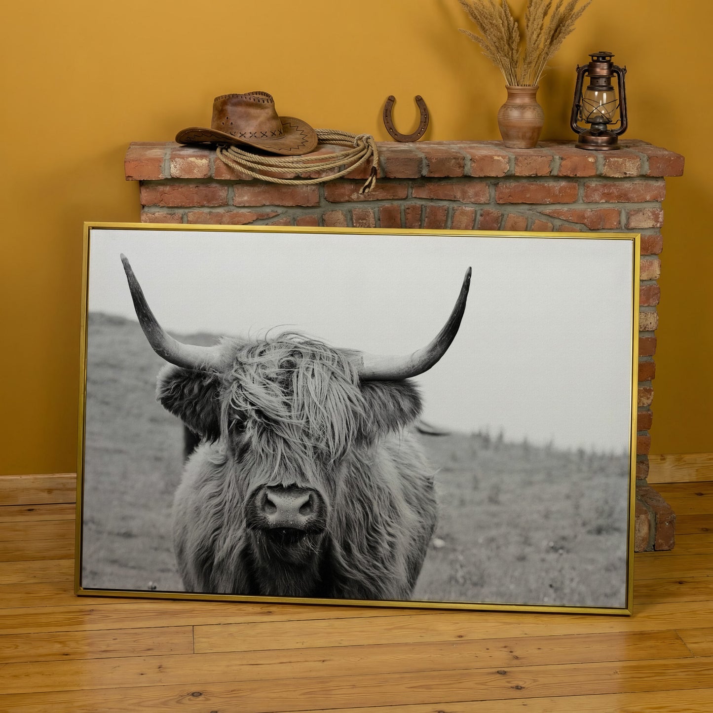 Highland Cow Canvas Wall Art, Shaggy Hairy Coo Close-Up Portrait in yellow gold floating frame