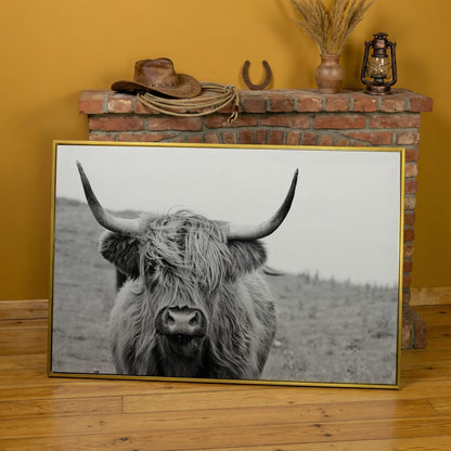 Highland Cow Canvas Wall Art, Shaggy Hairy Coo Close-Up Portrait in yellow gold floating frame