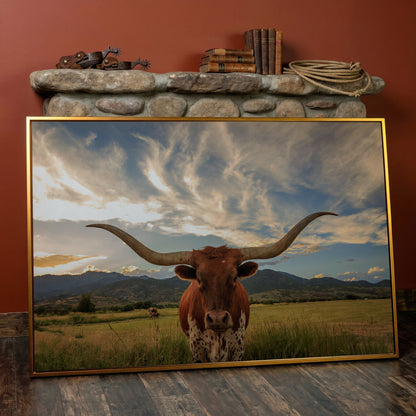 Texas Longhorn Close-Up Portrait Canvas Wall Art in antique gold floating frame
