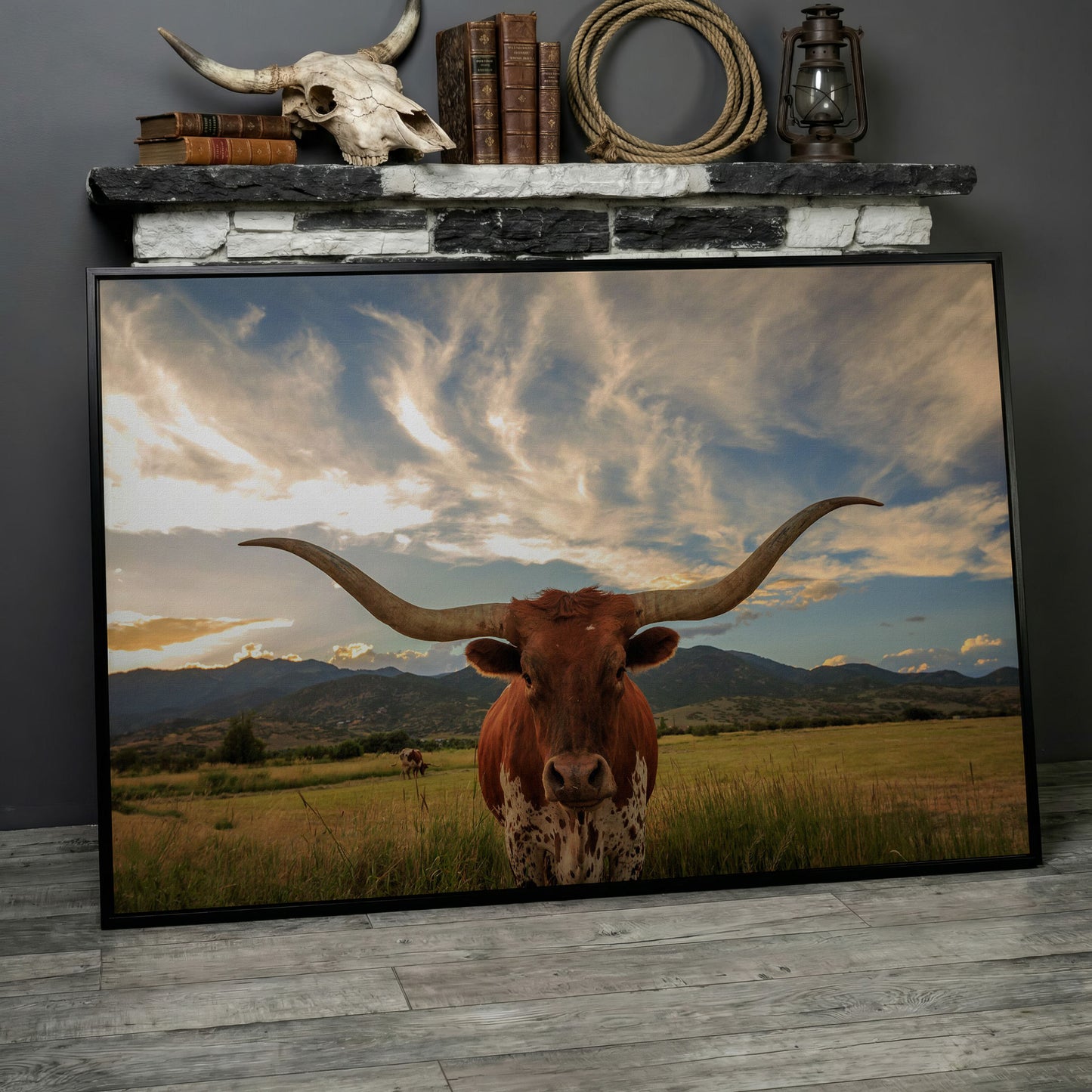 Texas Longhorn Close-Up Portrait Canvas Wall Art in black floating frame