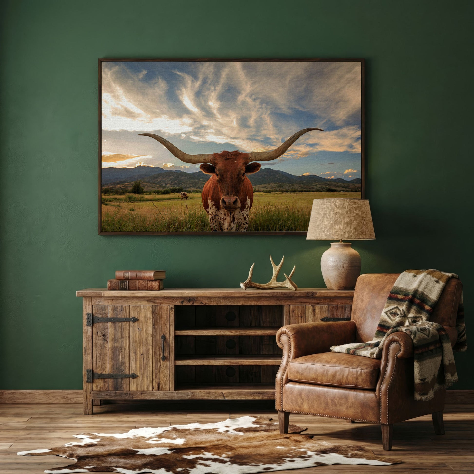 Texas Longhorn Close-Up Portrait Canvas Wall Art in dark walnut floating frame