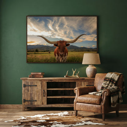 Texas Longhorn Close-Up Portrait Canvas Wall Art in dark walnut floating frame