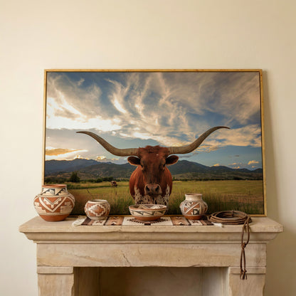 Texas Longhorn Close-Up Portrait Canvas Wall Art in white oak floating frame