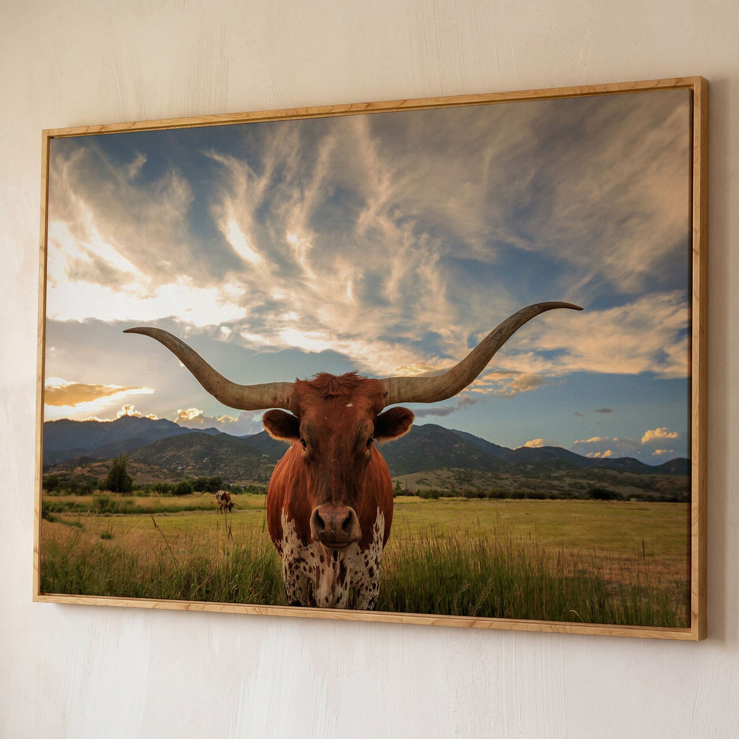 Texas Longhorn Close-Up Portrait Canvas Wall Art shown in white oak floating frame