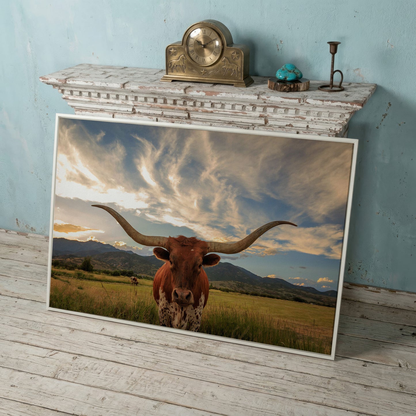 Texas Longhorn Close-Up Portrait Canvas Wall Art in white floating frame