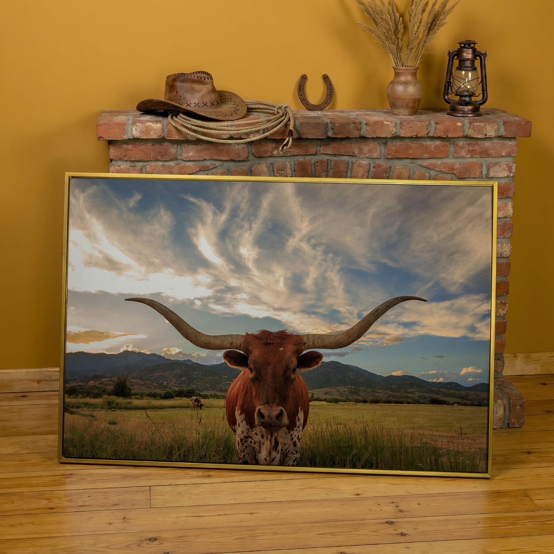 Texas Longhorn Close-Up Portrait Canvas Wall Art in yellow gold floating frame