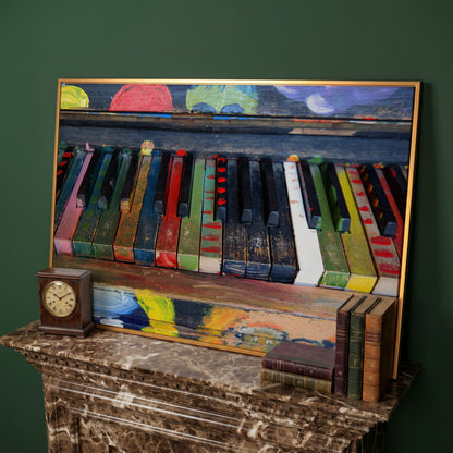 Colorful Piano Keys Canvas Wall Art, Music Studio Decor in antique gold floating frame