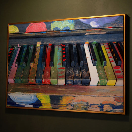 Colorful Piano Keys Canvas Wall Art, Music Studio Decor shown in antique gold floating frame