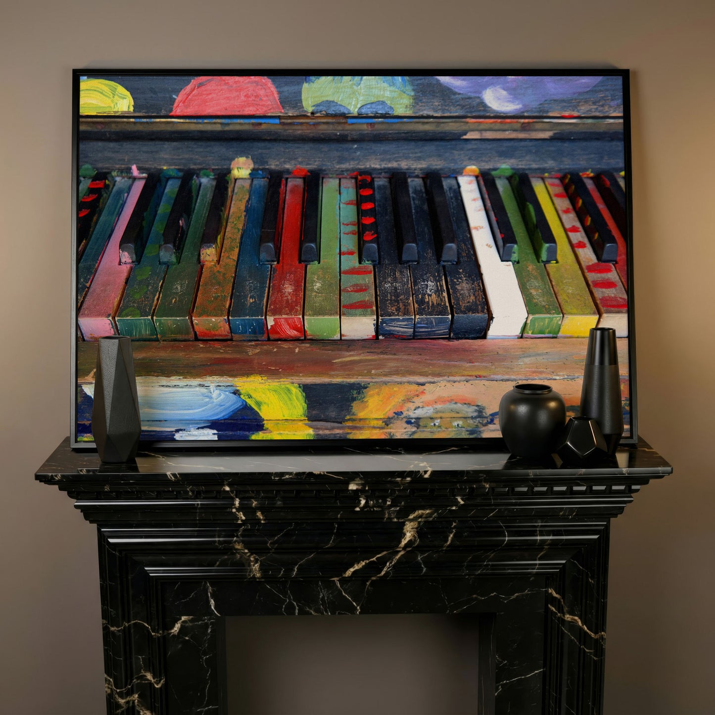Colorful Piano Keys Canvas Wall Art, Music Studio Decor in black floating frame