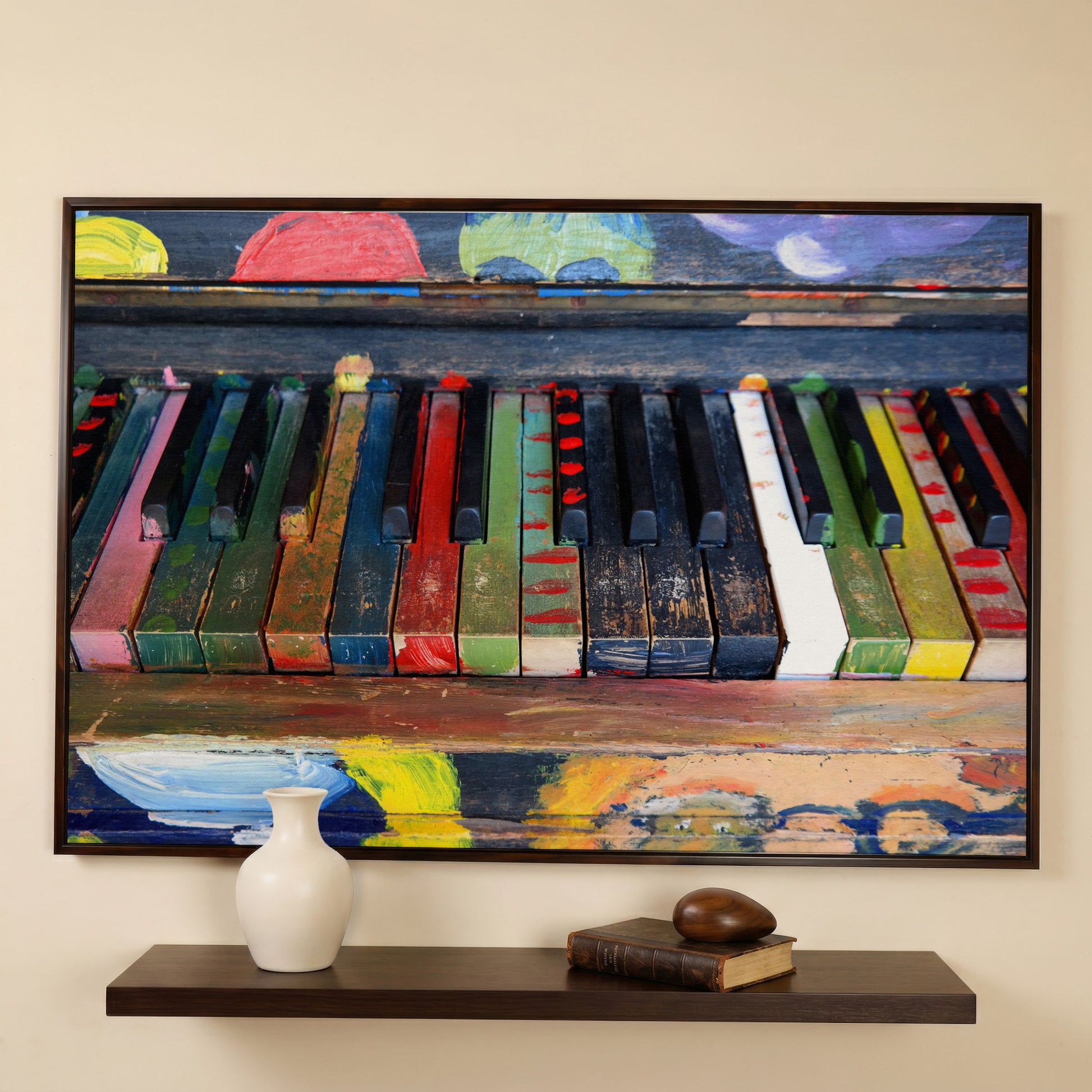Colorful Piano Keys Canvas Wall Art, Music Studio Decor in dark walnut floating frame