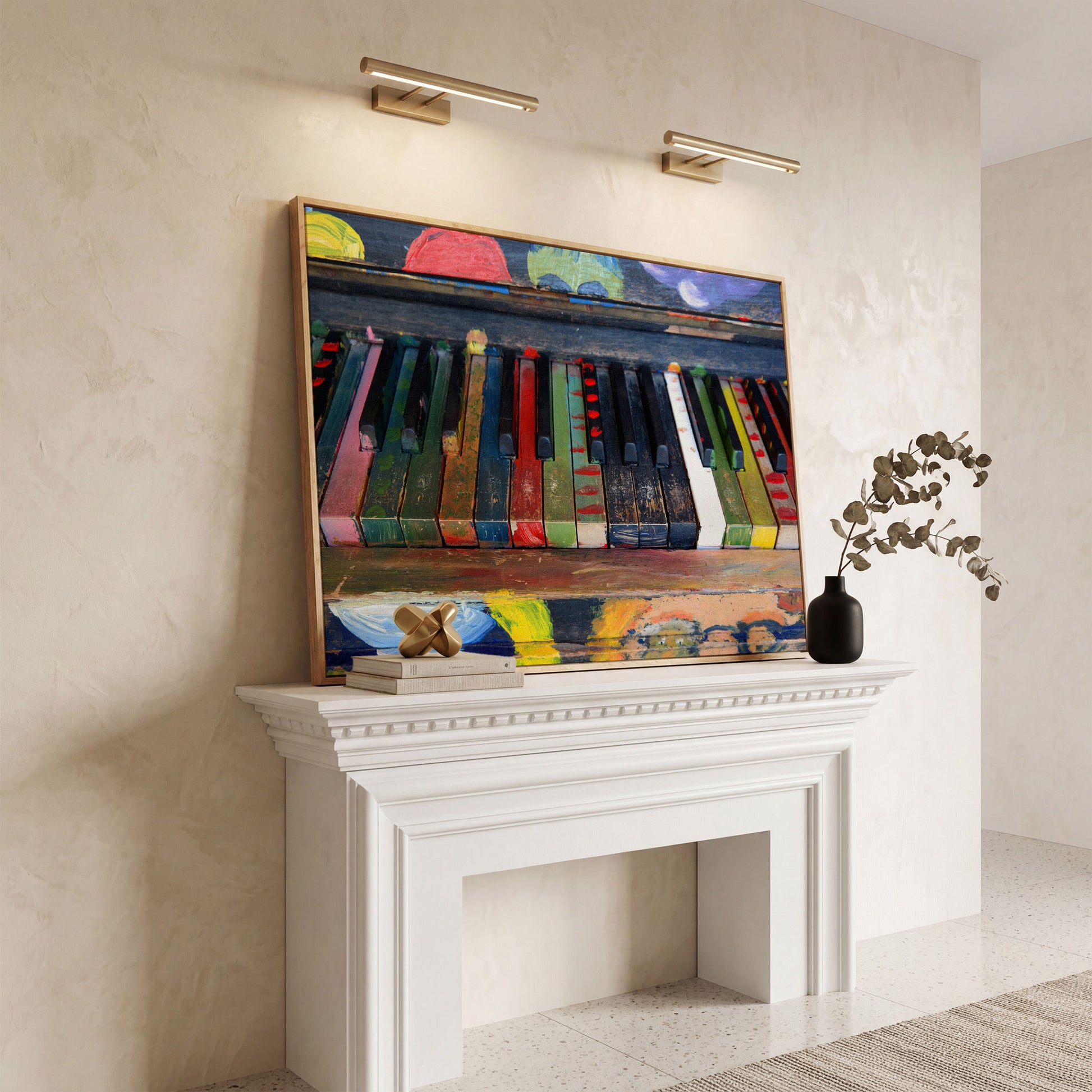 Colorful Piano Keys Canvas Wall Art, Music Studio Decor in white oak floating frame
