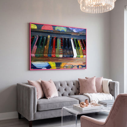 Colorful Piano Keys Canvas Wall Art, Music Studio Decor in pink floating frame