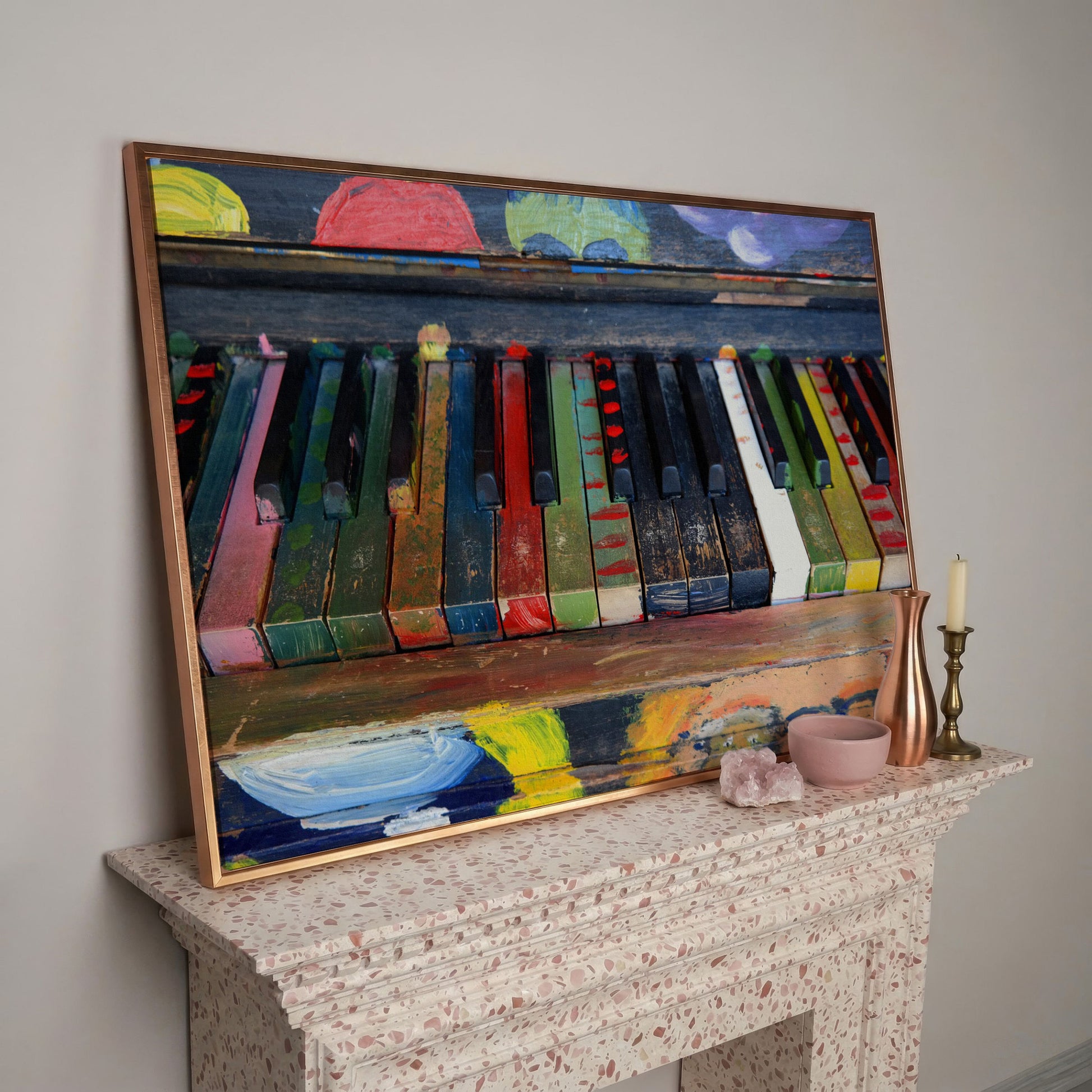 Colorful Piano Keys Canvas Wall Art, Music Studio Decor in rose gold floating frame