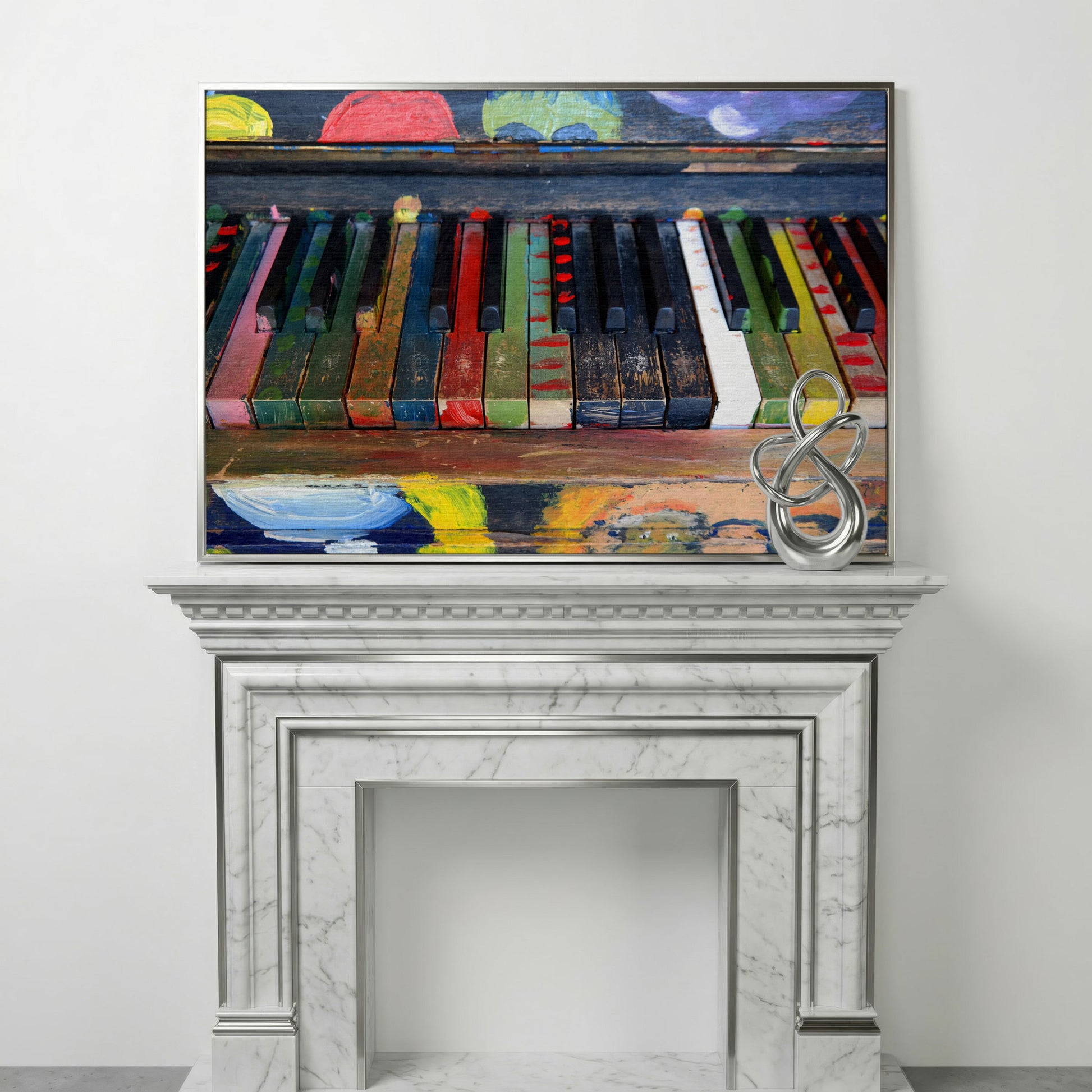 Colorful Piano Keys Canvas Wall Art, Music Studio Decor in silver floating frame