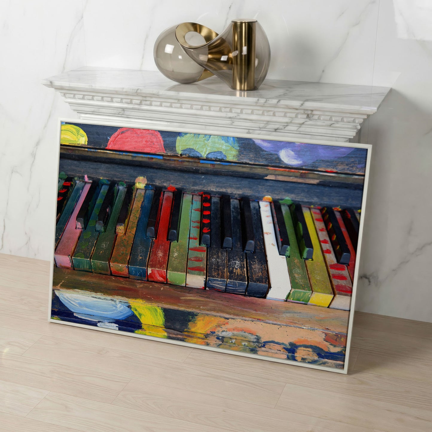 Colorful Piano Keys Canvas Wall Art, Music Studio Decor in white floating frame