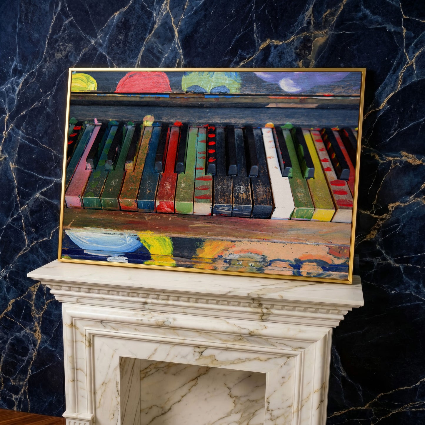 Colorful Piano Keys Canvas Wall Art, Music Studio Decor in yellow gold floating frame