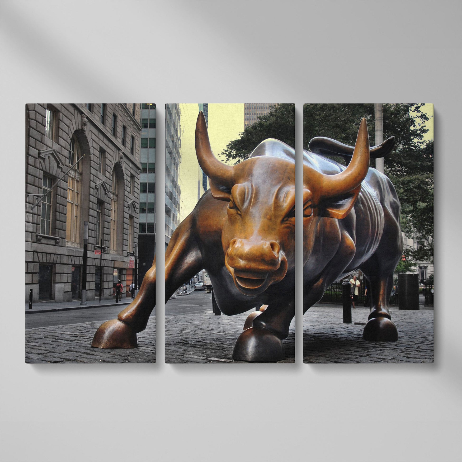 Charging Bull of Wall Street Canvas Art, New York City as 3-panel split version