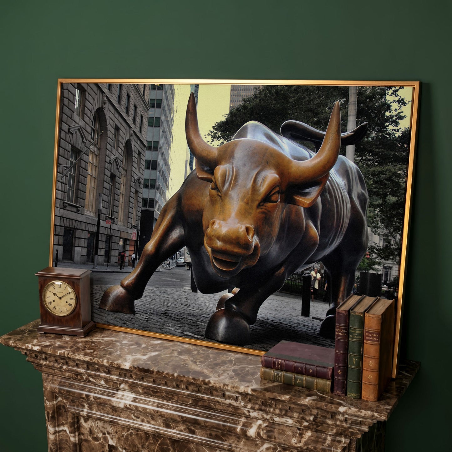 Charging Bull of Wall Street Canvas Art, New York City in antique gold floating frame