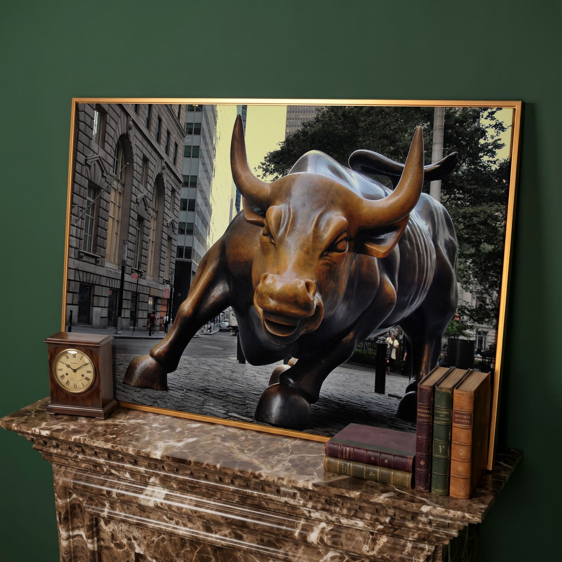 Charging Bull of Wall Street Canvas Art, New York City in antique gold floating frame
