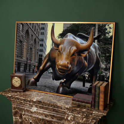 Charging Bull of Wall Street Canvas Art, New York City in antique gold floating frame
