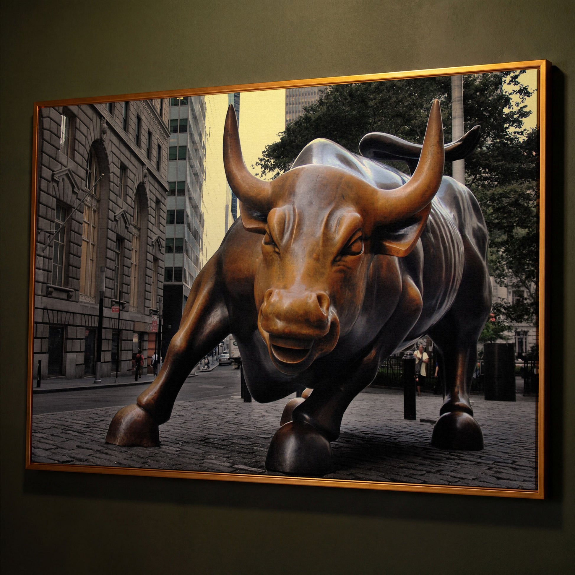 Charging Bull of Wall Street Canvas Art, New York City shown in antique gold floating frame