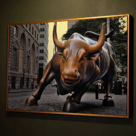 Charging Bull of Wall Street Canvas Art, New York City shown in antique gold floating frame