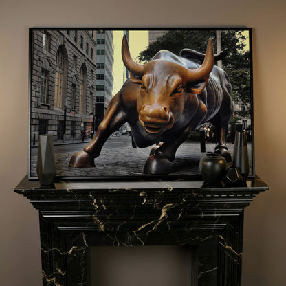 Charging Bull of Wall Street Canvas Art, New York City in black floating frame