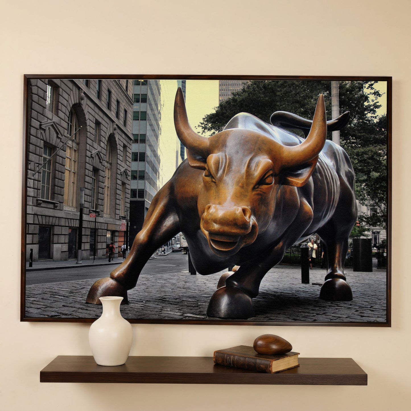 Charging Bull of Wall Street Canvas Art, New York City in dark walnut floating frame