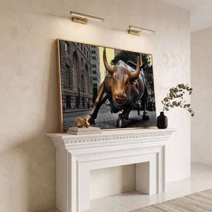Charging Bull of Wall Street Canvas Art, New York City in white oak floating frame
