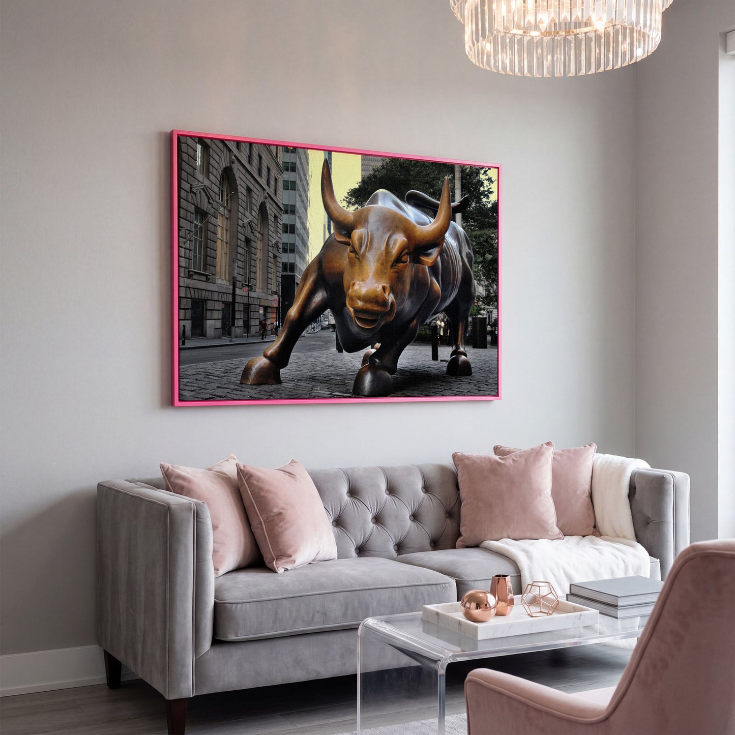 Charging Bull of Wall Street Canvas Art, New York City in pink floating frame