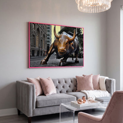 Charging Bull of Wall Street Canvas Art, New York City in pink floating frame